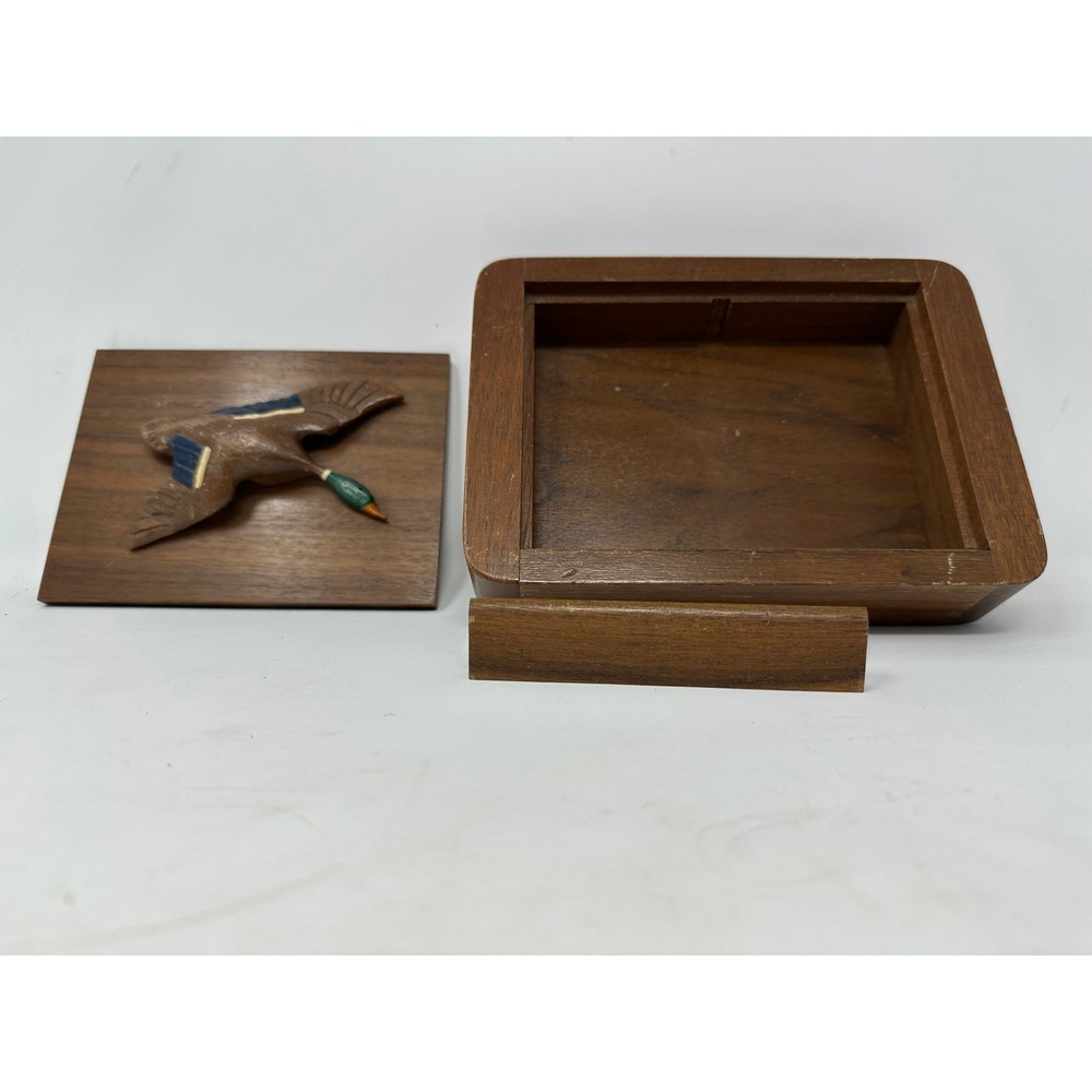Vintage Hand Carved Wooden Mallard Duck Trinket Box Rustic Cabin Decor Brown - Picture 3 of 4